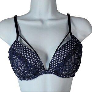 Victoria's Secret Push Up Bra Blue Navy 34C Padded Underwire Strappy Very Sexy